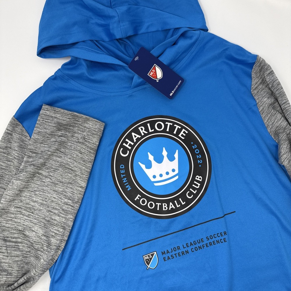 Fanatics Charlotte FC MLS Mens Blue Grey Lightweight Hoodie Shirt Medium NEW
